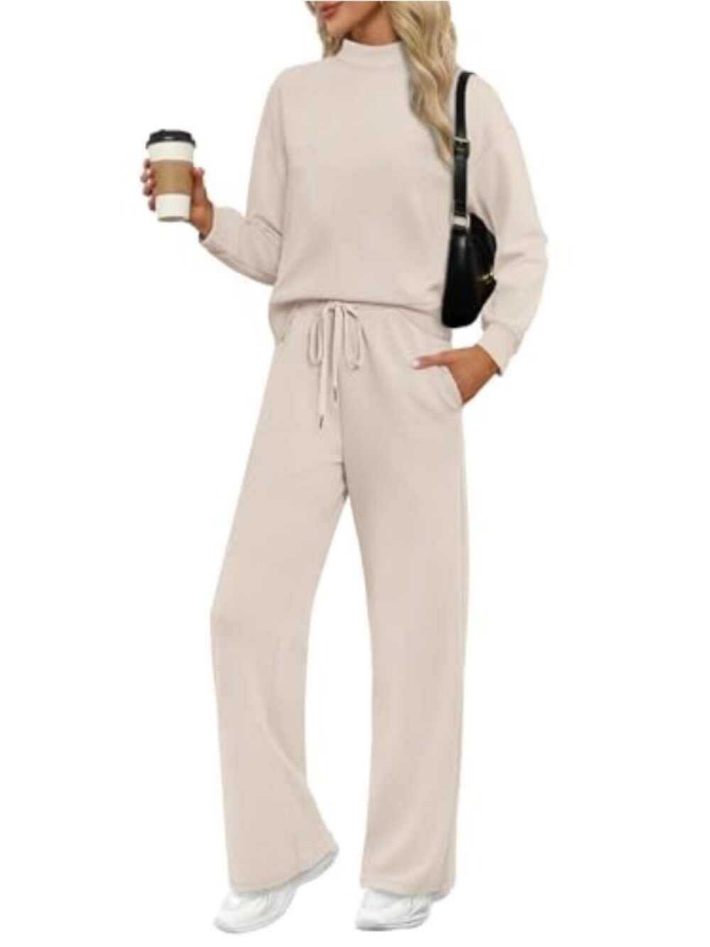 Two Piece Lounge Set Mock Neck Top Wide Leg Pants